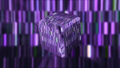 光盒在网络空间打开。行动。未来主义的空立方体在背景上闪烁着条纹背景.3D立方体在电脑游戏空间中打开